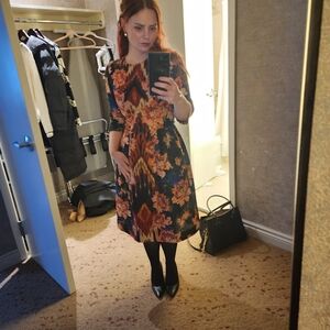 Oscar de la Renta Floral Ikat Sheath Dress in Red, Blue & Black